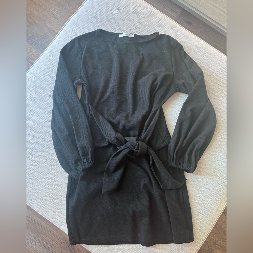 Black Long Sleeve Tie Mini Dress